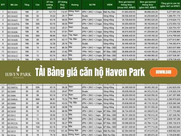 Bảng giá căn hộ Haven Park Ecopark tháng 5/2021